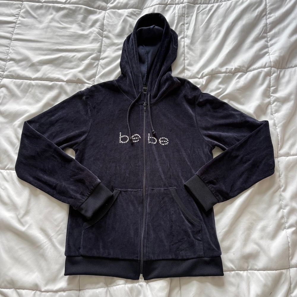 Vintage Bebe Navy Blue Velour Rhinestone Logo Zip Up Hoodie Y2K Womens Small